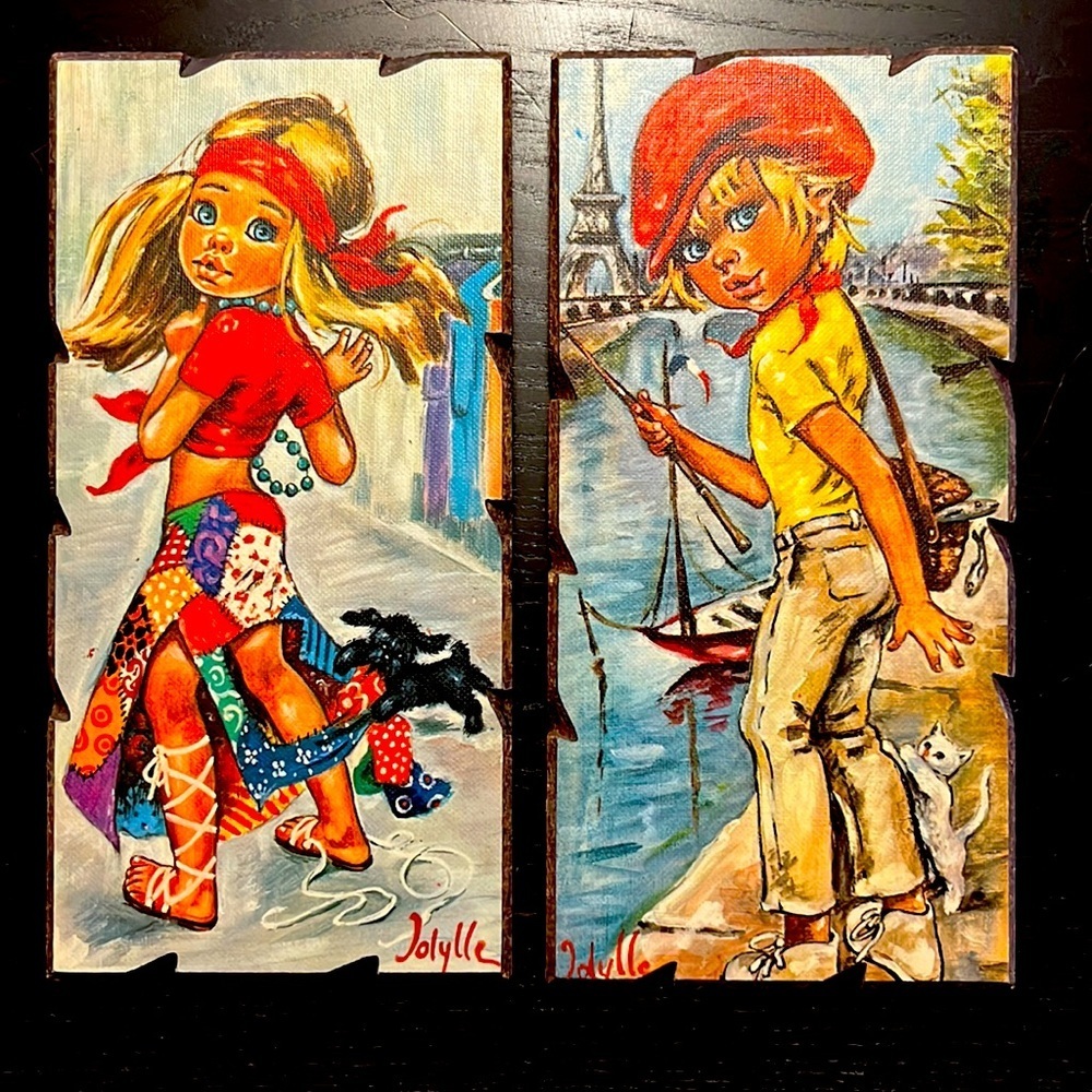 Set of 2 Vintage big eye Jolylle wood wall decor